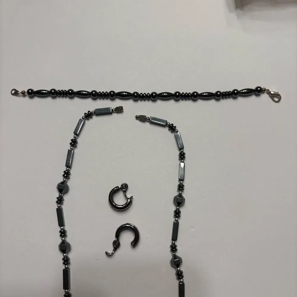 Women Hematite Style Beaded Necklace Beaded Bracelet and Small Clip on Earrings